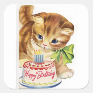 Vintage Retro Cat Kitten Birthday Cake Greeting Square Sticker