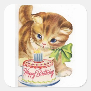 Vintage Retro Cat Kitten Birthday Cake Greeting Square Sticker by ZazzleArt2015 at Zazzle