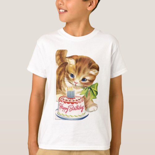 Vintage Retro Cat Kitten Birthday Cake Greeting T_Shirt