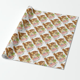 Vintage Retro Cat Kitten Birthday Cake Greeting Wrapping Paper