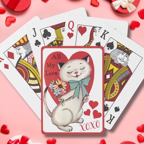 Vintage Retro Cat with Flowers XOXO Valentines Day Poker Cards
