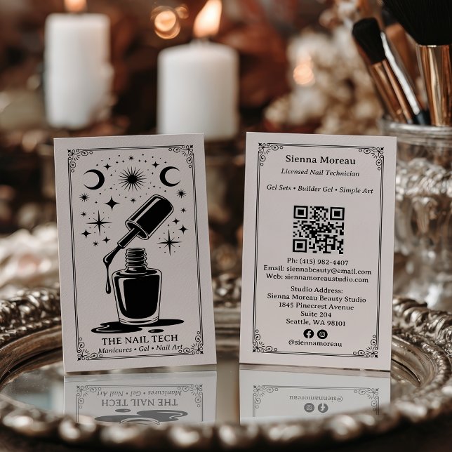 Vintage Retro Celestial Tarot Nail artist QR Code Business Card (Vintage Retro Celestial Tarot Nail artist QR Code Business Card)