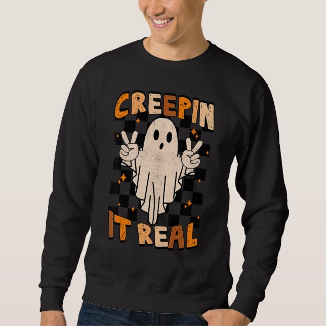 Vintage Retro Checkered Spooky Ghost  Halloween Sweatshirt (Front)