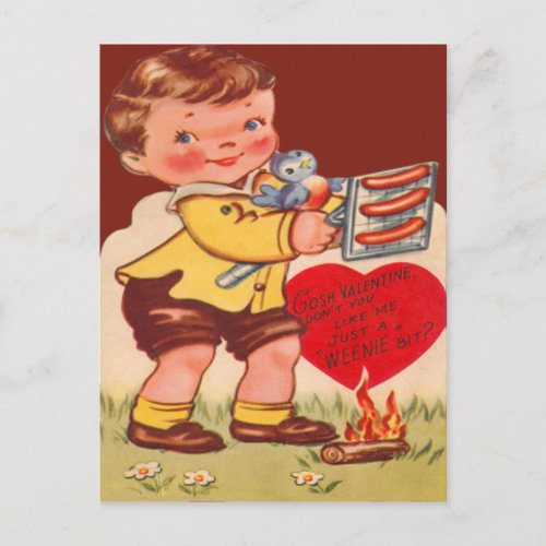 Vintage Retro Child Roasting Hot Dogs Valentine Holiday Postcard
