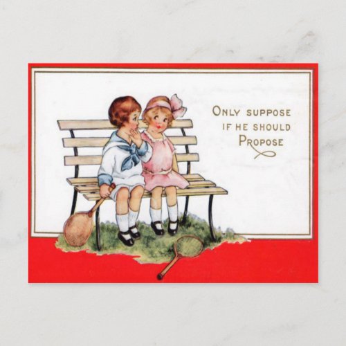 Vintage Retro Children Playing Tennis Valentine Ca Holiday Postcard