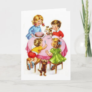 Vintage Retro Children's Birthday Party Dog Kitten Card