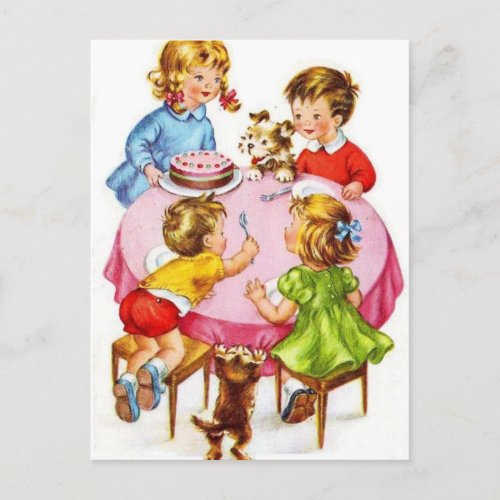 Vintage Retro Childrens Birthday Party Dog Kitten Postcard