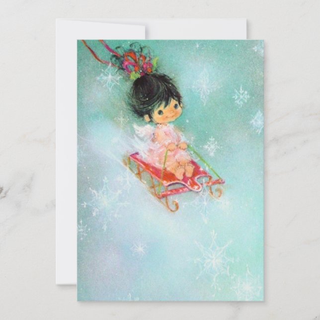 Vintage Retro Christmas Angel on Sled Holiday Card (Front)