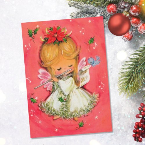 Vintage Retro Christmas Angel Playing Flute Holiday Card