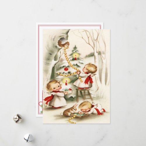Vintage Retro Christmas Angels Tree Bunny Squirrel Holiday Card