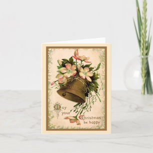 Vintage Retro Christmas Bell and Roses Holiday Card