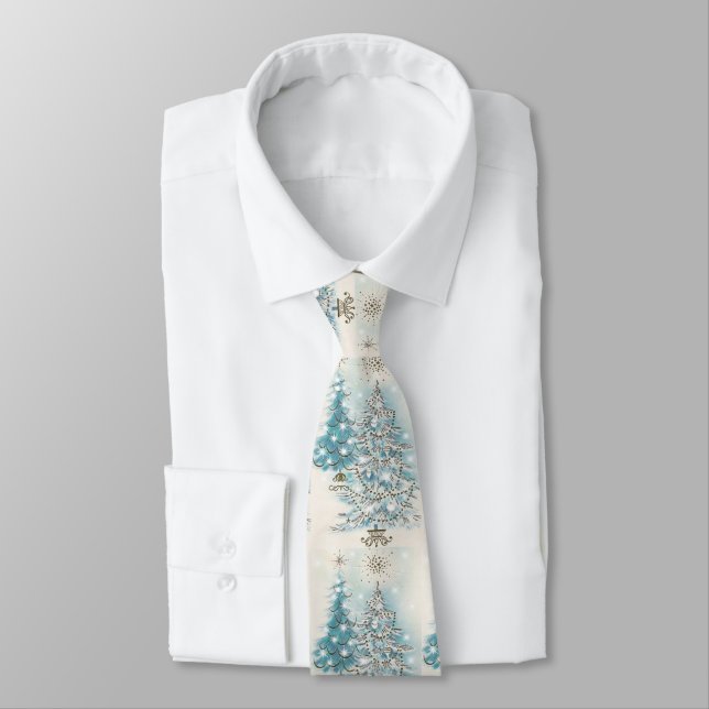 Vintage Retro Christmas Blue Silver Trees   Neck Tie (Tied)