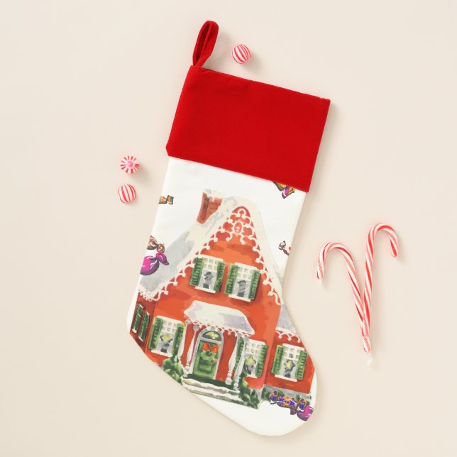 vintage retro christmas candy gingerbread house christmas stocking (Front)