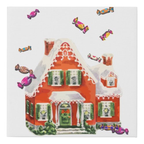 vintage retro christmas candy gingerbread house faux canvas print