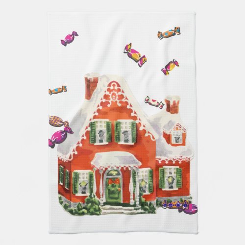 vintage retro christmas candy gingerbread house kitchen towel