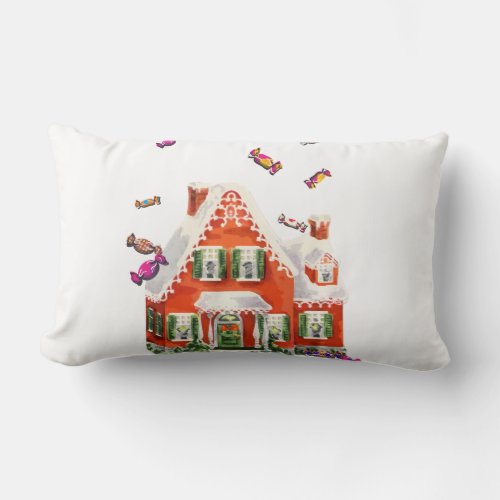 vintage retro christmas candy gingerbread house lumbar pillow