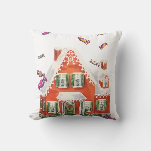 vintage retro christmas candy gingerbread house outdoor pillow