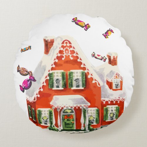 vintage retro christmas candy gingerbread house round pillow