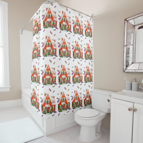 vintage retro christmas candy gingerbread house shower curtain