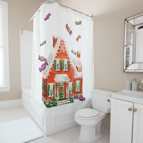 vintage retro christmas candy gingerbread house shower curtain