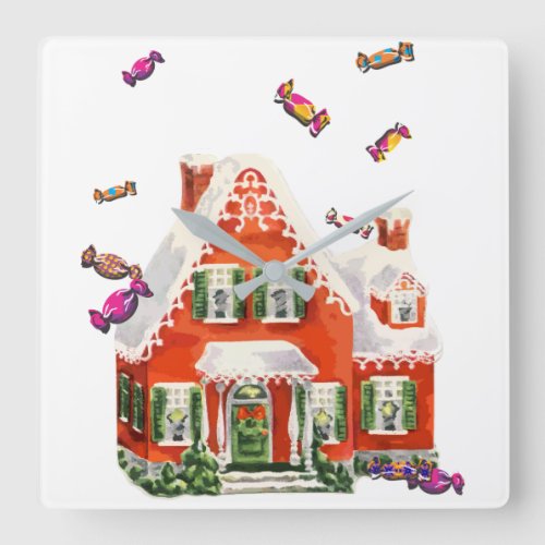 vintage retro christmas candy gingerbread house square wall clock