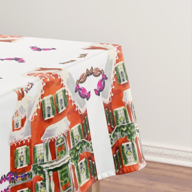 vintage retro christmas candy gingerbread house tablecloth (In Situ)