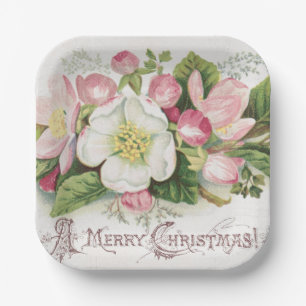 Vintage Retro Christmas Card, Apple Blossoms Paper Plates