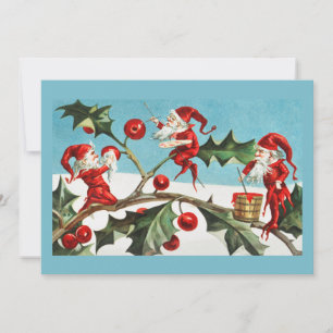 Vintage Retro Christmas Card Holly & Pixies