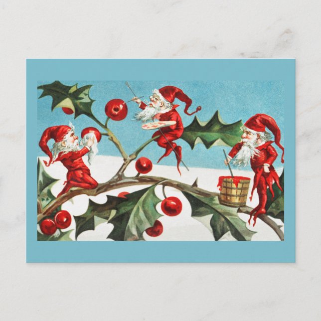 Vintage Retro Christmas Card Holly & Pixies (Front)