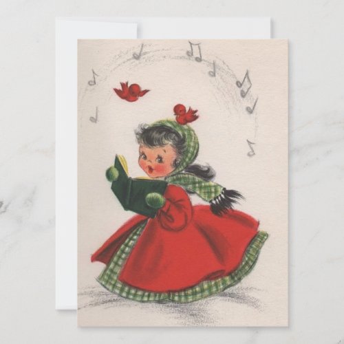Vintage Retro Christmas Caroling Girl Holiday Card