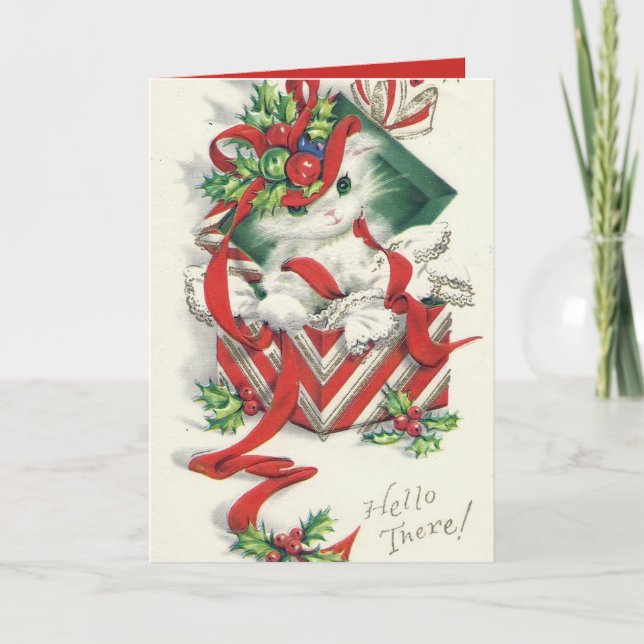 Vintage retro Christmas cat card customizable (Front)
