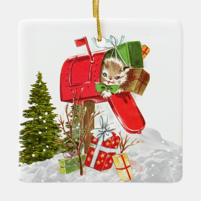 Vintage Retro Christmas Cat Ceramic Ornament (Front)