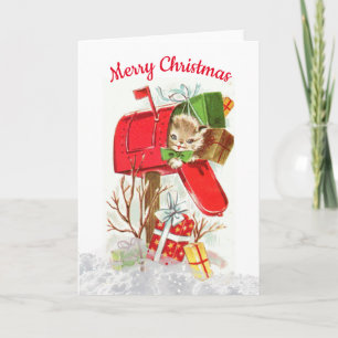 Vintage Retro Christmas Cat Greeting Card