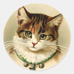 Vintage Retro Christmas Cat With Bells Classic Round Sticker