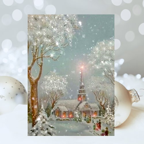 Vintage Retro Christmas Church Glitter Winter Holiday Card