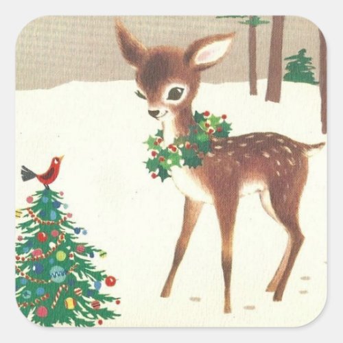 Vintage Retro Christmas Deer With Bird Square Sticker