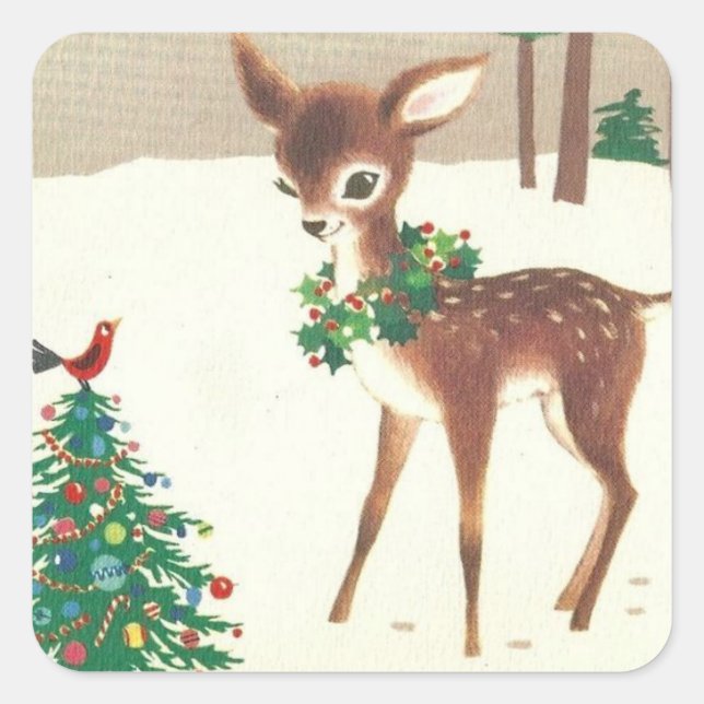 Vintage Retro Christmas Deer With Bird Square Sticker (Front)