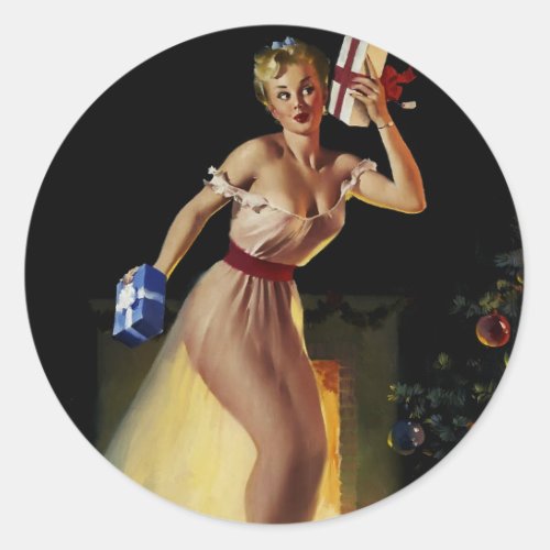 Vintage Retro Christmas Eve Pinup girl Classic Round Sticker