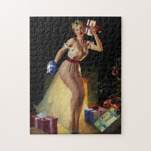Vintage Retro Christmas Eve Pinup girl Jigsaw Puzzle