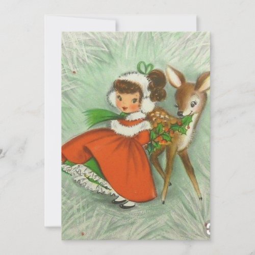 Vintage Retro Christmas Girl and Deer Thank You Card