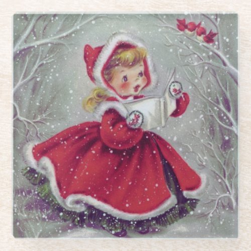 Vintage Retro Christmas Girl Caroling in Snow Glass Coaster