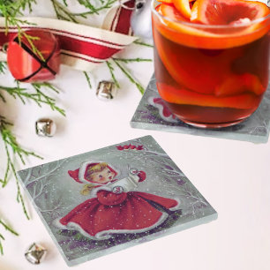 Vintage Retro Christmas Girl Caroling in Snow Glass Coaster