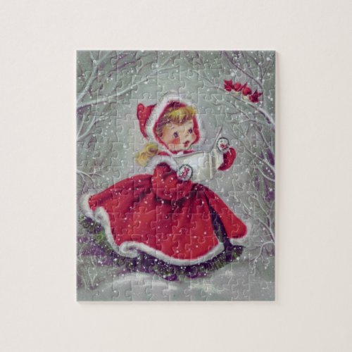 Vintage Retro Christmas Girl Caroling in Snow Jigsaw Puzzle