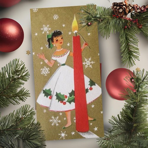 Vintage Retro Christmas Girl In Gold and White Holiday Card