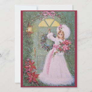 Vintage Retro Christmas Girl With Poinsettias Holiday Card