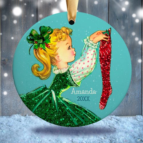 Vintage retro Christmas green girl red stocking Ceramic Ornament