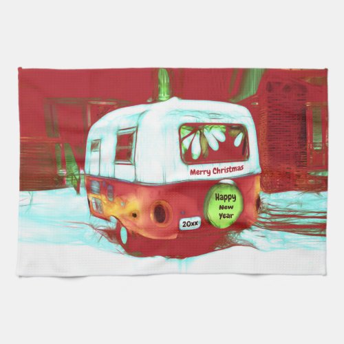 Vintage Retro Christmas Green Red Holiday Camper Kitchen Towel