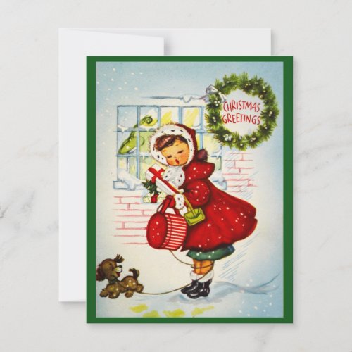 Vintage Retro Christmas Greeting Girl With Puppy Holiday Card
