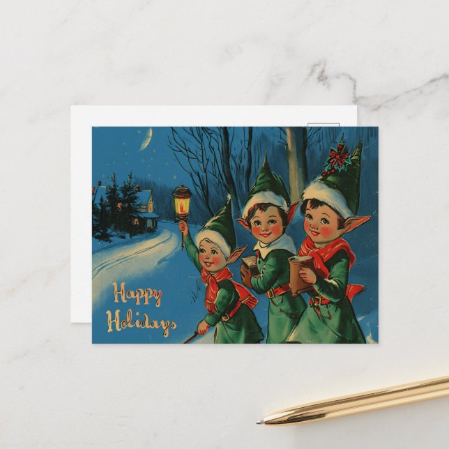 Vintage Retro Christmas: Happy Elves Holiday Postcard (Front/Back In Situ)
