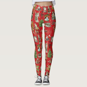 Vintage Retro Christmas Holiday Festive Red Leggings